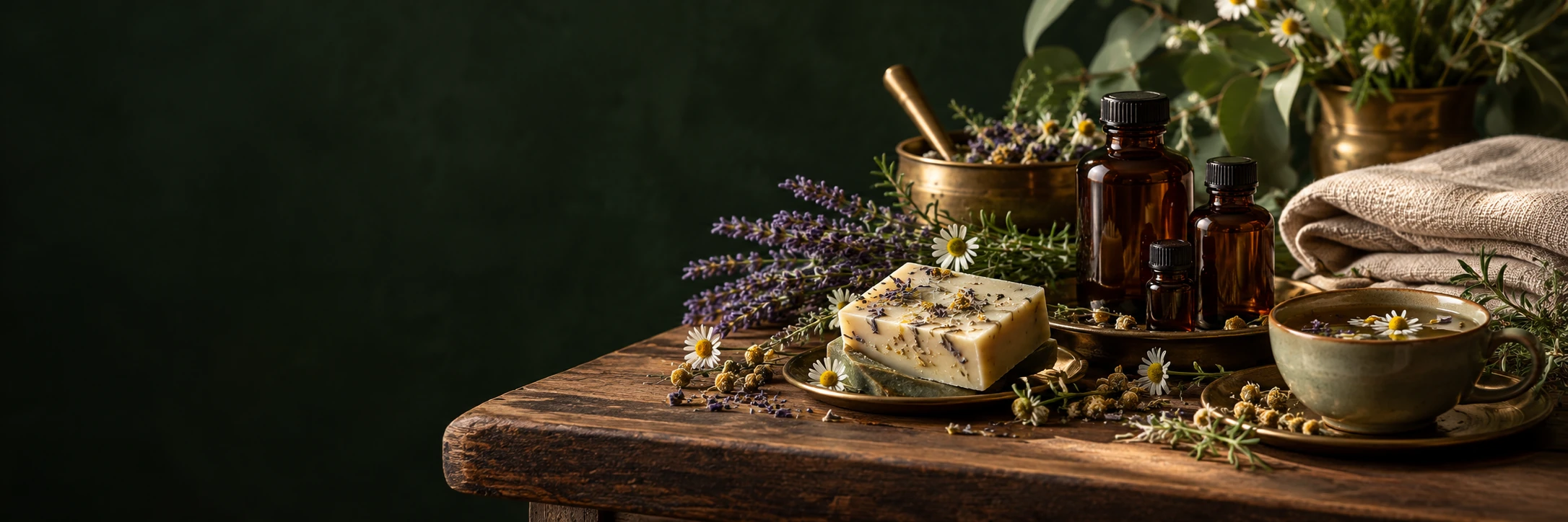 Oli, sapone botanico e tisana su lino naturale